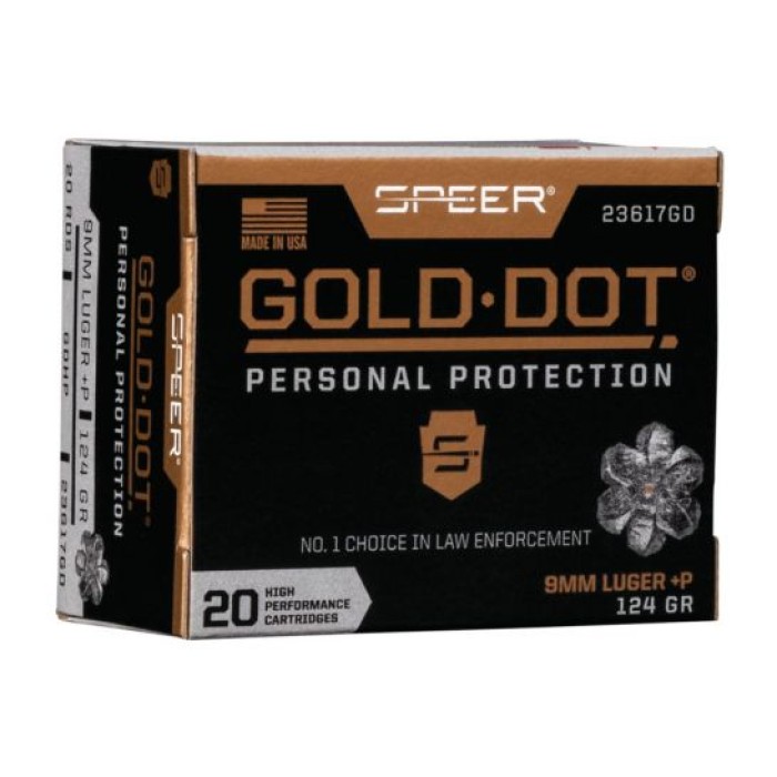 Speer Ammunition, Speer Gold Dot, Personal Protection, 9MM, 124 Grain, Hollow Point, +P, 20 Round Box