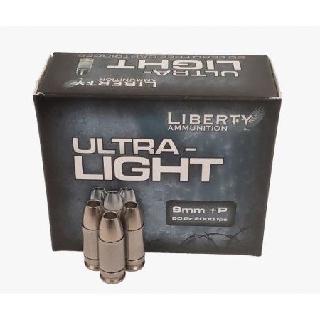 Liberty Ammunition Ultra-Light, 9mm +P, 50 Grain, HP, Brass Case, Centerfire Pistol Ammo, 20 Rounds Box, LA-UL-9-052