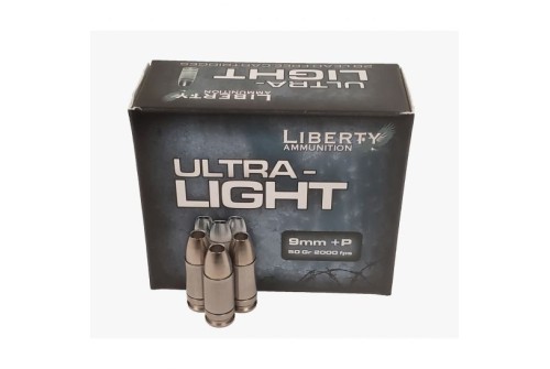 Liberty Ammunition Ultra-Light, 9mm +P, 50 Grain, HP, Brass Case, Centerfire Pistol Ammo, 20 Rounds Box, LA-UL-9-052