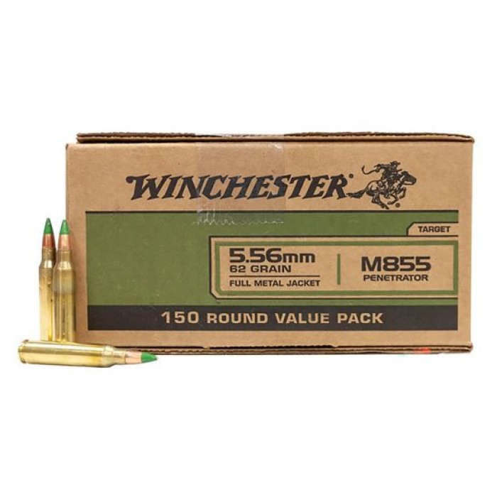 Winchester M855 62 gr Green Tip FMJ 5.56x45mm Ammunition 150 Rounds - WM855150