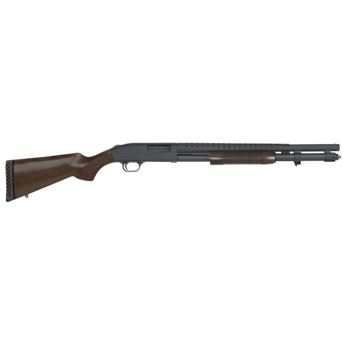 Mossberg, 590, Retrograde, Pump Action, 12 Gauge, 3" Chamber, 20" Heavy Barrel, Blue Finish, Wood Stock, Ambidextrous, 8Rd, Bead Sight