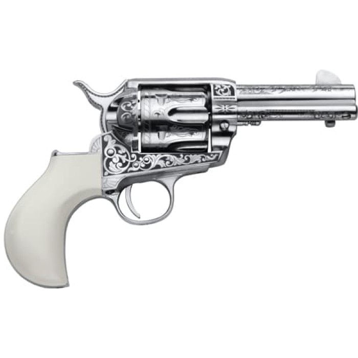 Cimarron Pp346huckeng Huckleberry  45 Colt (Lc) 6 Shot 3.50" Nickel Engraved Barrel, Cylinder & Frame, White W/"Huckleberry" Engraved ON The Backstrap Grip