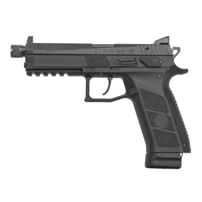 CZ P-09 Suppressor-Ready DA/SA Full Size 9mm, 5.15" Threaded Barrel 1/2X28, Nitride Slide, Black, 3 Backstraps, High Fixed Sights, Swappable Safety/Decocker, 21rd