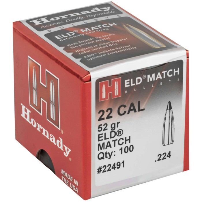 HORNADY ELD Match 22 Cal .224 52Gr 100 Per Box Bullets (22491)