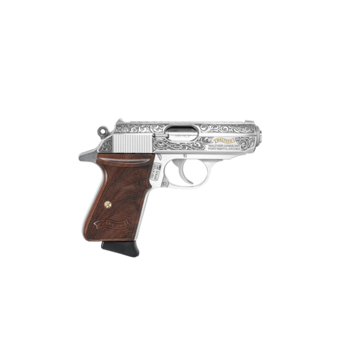 Walther PPK/S Meister Gold Ribbon 380 ACP, 3.3" Barrel, Engraved Stainless, Checkered Walnut Grip, 6rd