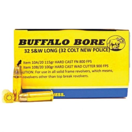 Buffalo Bore Colt New Police 32 S&W Long 115 grain Hard Cast Lead Flat Nose Pistol and Handgun Ammo, 20/Box - 10A/20