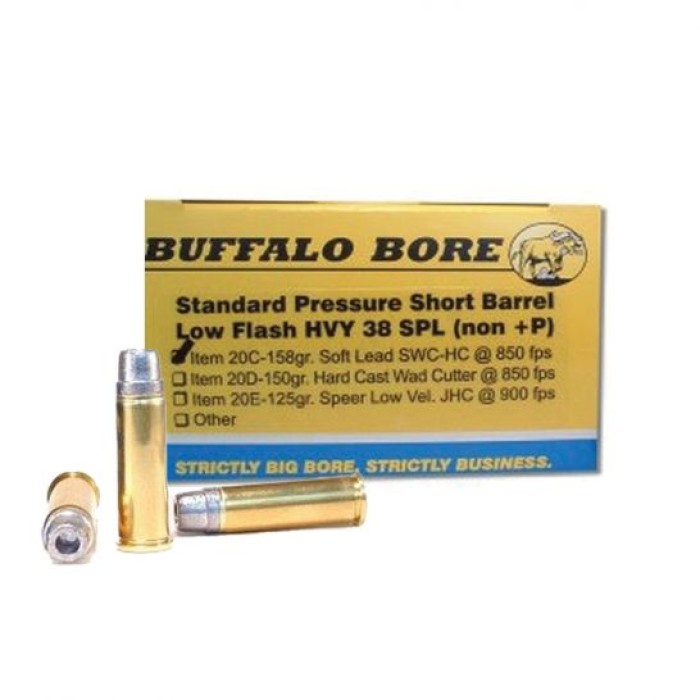 Buffalo Bore Standard Pressure Heavy 38 Special 158 grain Soft Lead Semi-Wadcutter Hollow Point Low Flash Short Barrel Pistol and Handgun Ammo, 20/Box - 20C/20