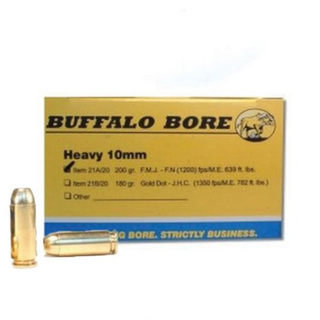 Buffalo Bore Heavy 10mm Auto 200 grain Full Metal Jacket Flat Nose Pistol and Handgun Ammo, 20/Box - 21A/20