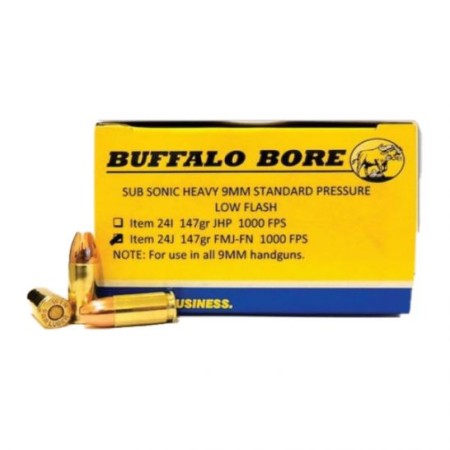 Buffalo Bore Subsonic Heavy Standard Pressure 9mm Parabellum/Luger 147 grain Full Metal Jacket Flat Nose (Subsonic) Pistol and Handgun Ammo, 20/Box - 24J/20