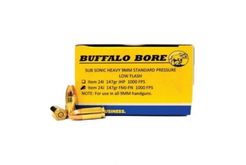 Buffalo Bore Subsonic Heavy Standard Pressure 9mm Parabellum/Luger 147 grain Full Metal Jacket Flat Nose (Subsonic) Pistol and Handgun Ammo, 20/Box - 24J/20