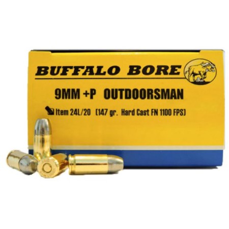 Buffalo Bore Outdoorsman 9mm Luger +P 147 grain Hard Cast Flat Nose Handgun Ammo, 20/Box - 24L/20