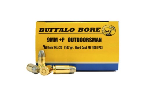 Buffalo Bore Outdoorsman 9mm Luger +P 147 grain Hard Cast Flat Nose Handgun Ammo, 20/Box - 24L/20