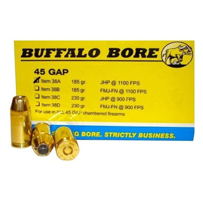 Buffalo Bore 45 GAP 185 grain Jacketed Hollow Point Pistol and Handgun Ammo, 20/Box - 38A/20