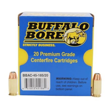 Buffalo Bore 45 ACP +P 185 grain Jacketed Hollow Point Pistol and Handgun Ammo, 20/Box - 45-185/20