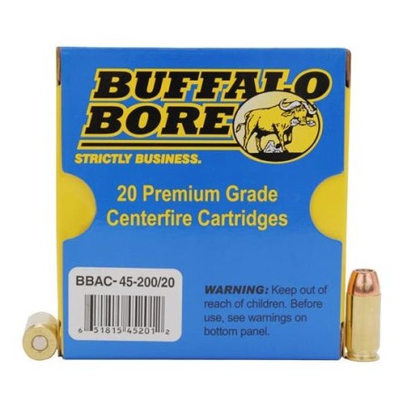 Buffalo Bore 45 ACP +P 200 grain Jacketed Hollow Point Pistol and Handgun Ammo, 20/Box - 45-200/20