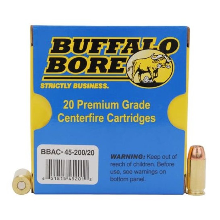 Buffalo Bore 45 ACP +P 200 grain Jacketed Hollow Point Pistol and Handgun Ammo, 20/Box - 45-200/20