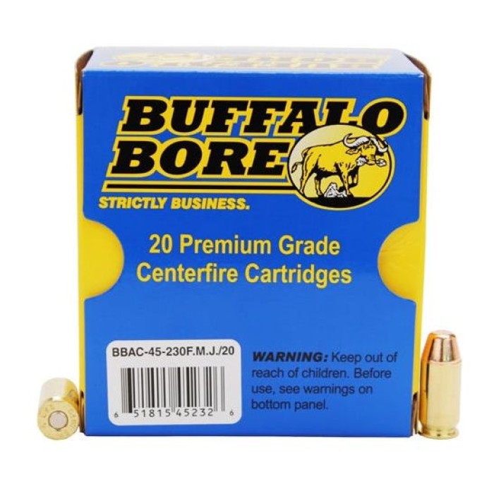 Buffalo Bore 45 ACP +P 230 grain Full Metal Jacket Flat Nose Pistol and Handgun Ammo, 20/Box - 45-230FMJ/20