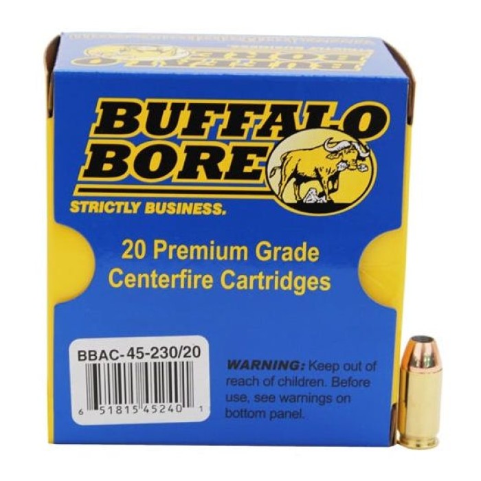 Buffalo Bore 45 ACP +P 230 grain Jacketed Hollow Point Pistol and Handgun Ammo, 20/Box - 45-230/20