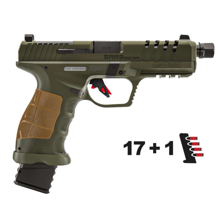 SAR 9x Socom 9mm, 5.2" Threaded Barrel, 21rd, Olive Drab Green