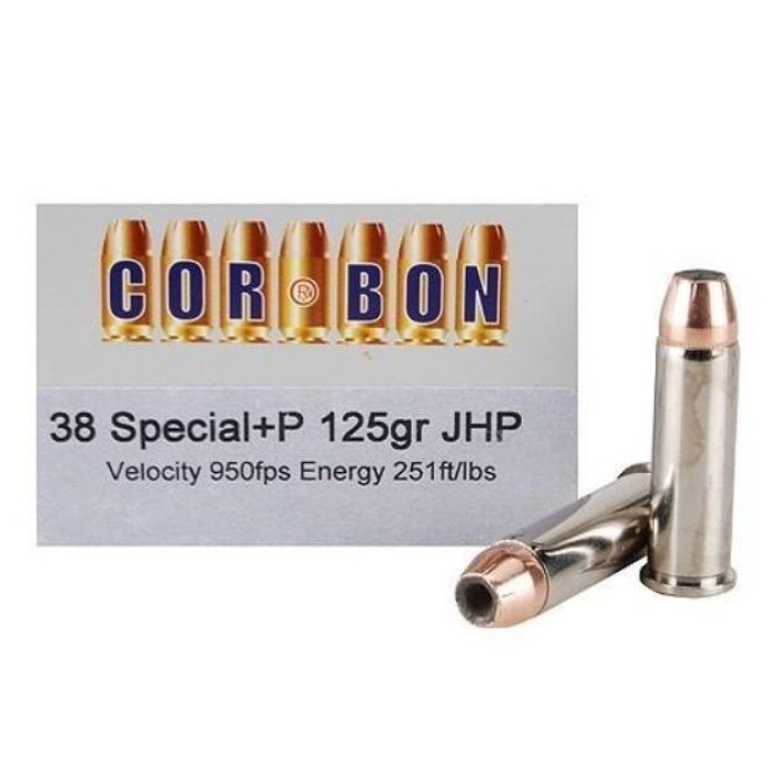 Cor Bon .38 Special +P 125 Grain Jacked Hollow Point Brass Cased Pistol Ammo, 20 Rounds, SD38125S/20