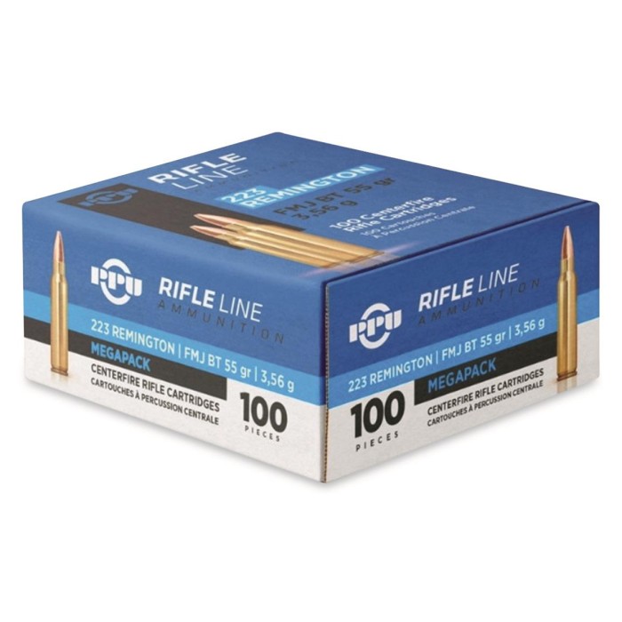 PPU PP223M MegaPack 223 Rem 55 gr Full Metal Jacket Boat Tail (FMJBT) Ammunition 100rd Box