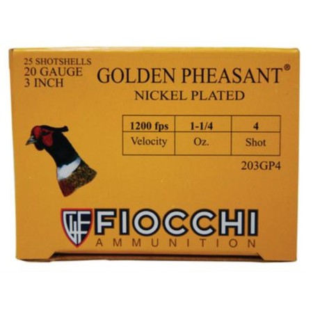 Fiocchi Golden Pheasant Nickel 20 Ga, 3", 1.25oz, 4 Shot, 1200 FPS, 25rd/Box