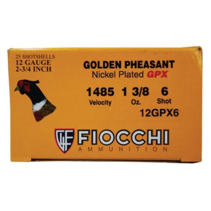 Fiocchi Golden Pheasant Nickel 12 Ga, 2.75", 1485 FPS, 1.3oz, 6 Shot, 25rd/Box