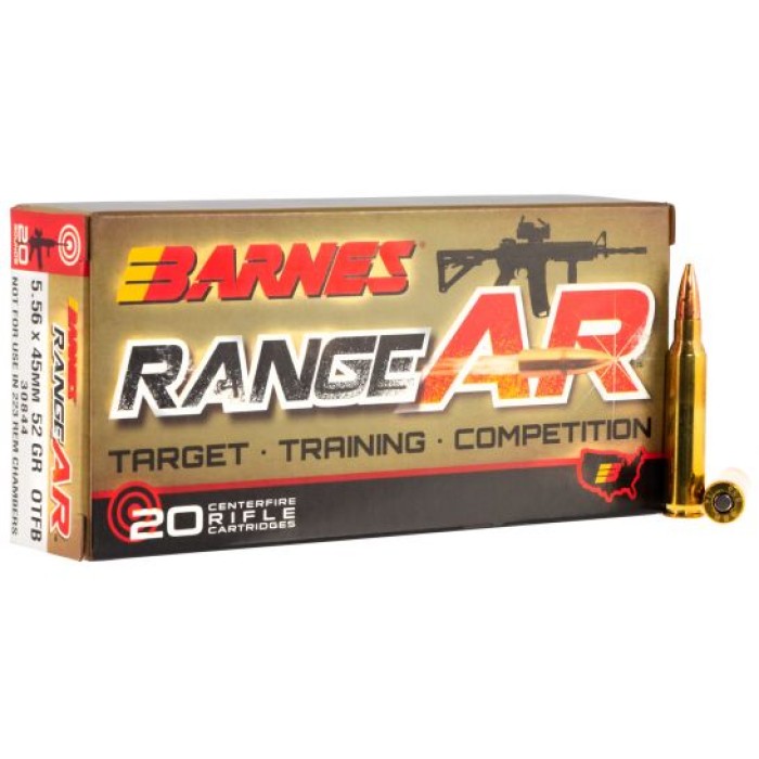 Barnes Bullets Range AR 52 gr Open Tip Flat Base 5.56 Ammo, 20/box - 30844