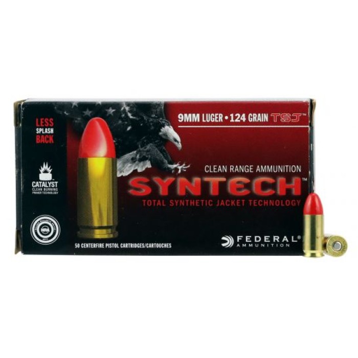 Federal American Eagle Syntech Range 124 gr Syntech Jacket Round Nose 9mm Ammo, 50/box - AE9SJ2