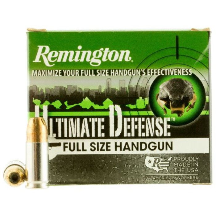 Remington Ultimate Defense Full-Size Handgun 147 gr Brass Jacket Hollow Point 9mm Ammo, 20/box - HD9MMC
