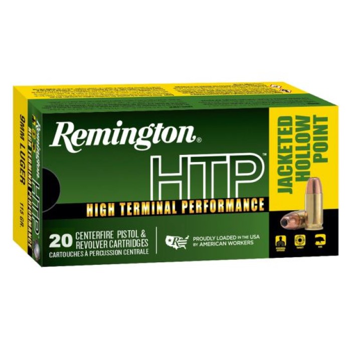 Remington High Terminal Performance 9 mm Luger 115 Grain Jacketed Hollow Point Centerfire Pistol Ammo, 20 Rounds, 28288