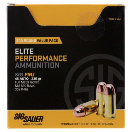 SIG SAUER Value Packs .45 ACP 230 grain Full Metal Jacket Brass Cased Centerfire Pistol Ammo, 200 Rounds, E45BA3-200