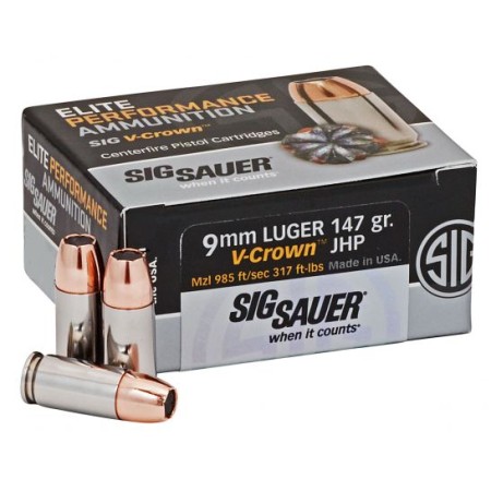 Sig Sauer Elite Performance V-Crown 147 gr Jacketed Hollow Point 9mm Ammo, 50/box - E9MMA3-50