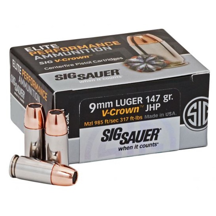 Sig Sauer Elite Performance V-Crown 147 gr Jacketed Hollow Point 9mm Ammo, 50/box - E9MMA3-50