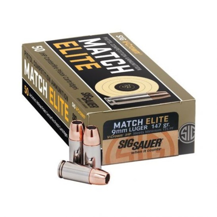 Sig Sauer Match Elite V-Crown 147 gr Jacketed Hollow Point 9mm Ammo, 50/box - E9MMA3COMP50