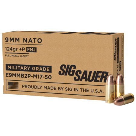 Sig Sauer Elite Ball 124 gr Full Metal Jacket 9mm +P Ammo, 50/box - E9MMB2PM1750