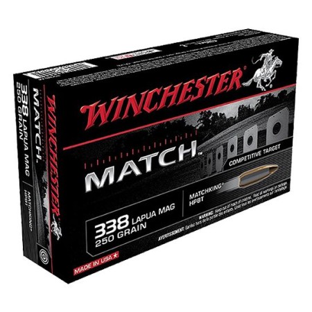 Winchester Ammunition Match 250 gr Sierra MatchKing Boat Tail Hollow Point .338 Lapua Mag Ammo, 20/box - S338LM