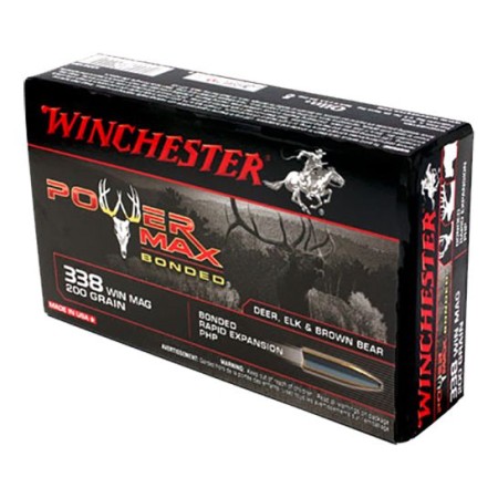 Winchester Ammunition Power Max Bonded 200 gr Rapid Expansion, Protected Hollow Point .338 Win Mag Ammo, 20/box - X3381BP