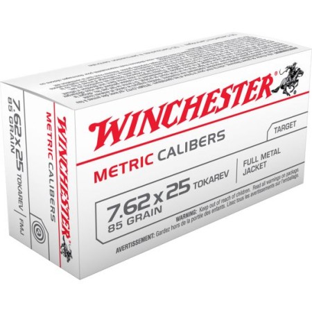 Winchester Ammunition USA Metric 85 gr Full Metal Jacket 7.62x25mm Tokarev Ammo, 50/box - MC762TOK