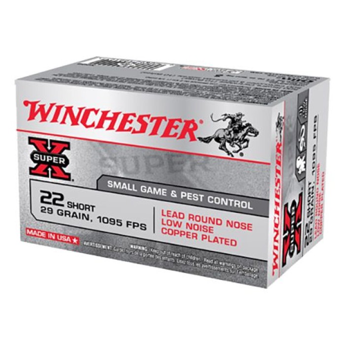 Winchester Ammunition Super-X 29 gr Lead Round Nose Low Noise Copper-Plated .22 Short Ammo, 50/box - X22S