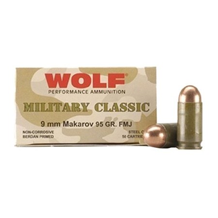 Wolf Performance Military Classic 95 gr Full Metal Jacket 9x18mm Makarov Ammo, 50/box - MC918FMJ