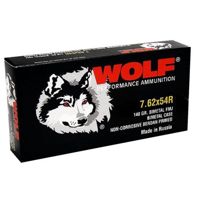 Wolf Performance 148 gr Full Metal Jacket 7.62x54mmR Ammo, 500 rds/case - 76254BFMJ148