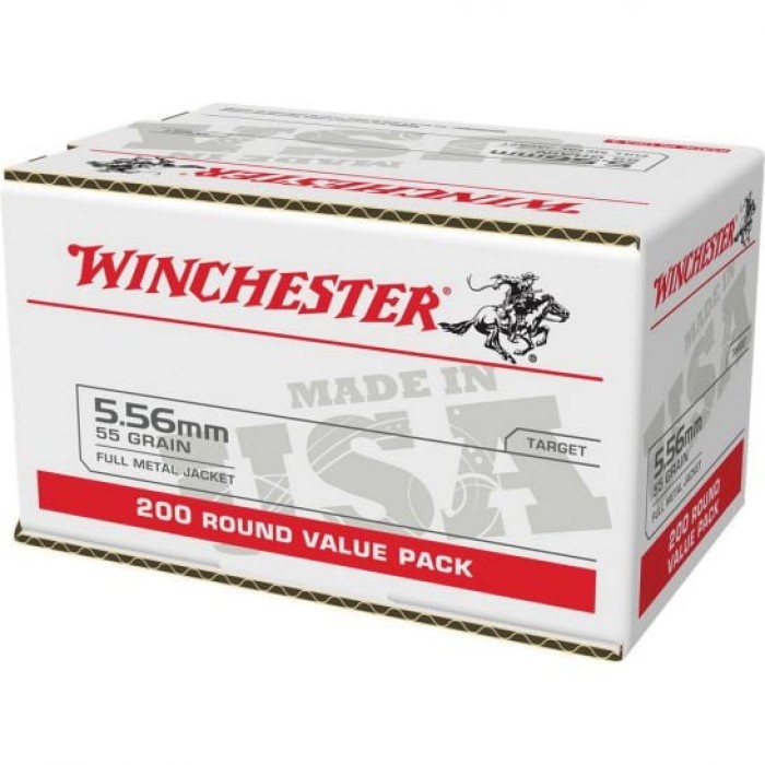 Winchester USA RIFLE, 5.56x45mm NATO, 55 grain, Full Metal Jacket, Brass, Centerfire Rifle Ammo, 200, WM193200