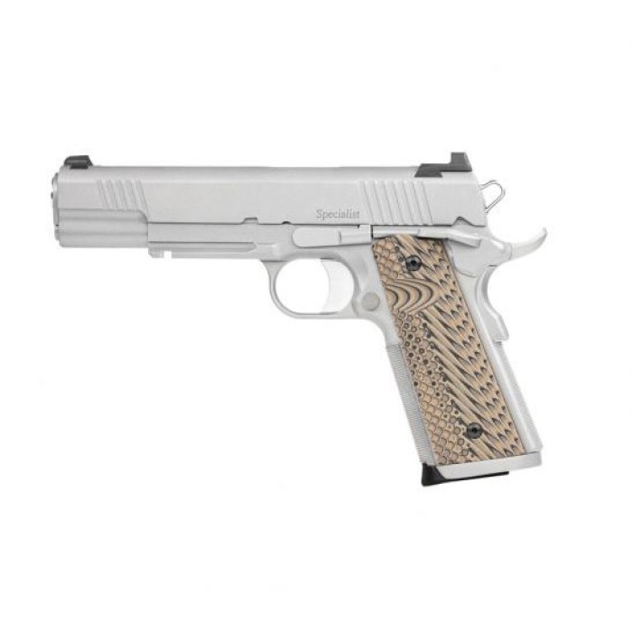 Dan Wesson 01806 Specialist  9Mm Luger 10+1 5" Stainless Steel Barrel, Black Duty Serrated Stainless Steel Slide & Frame W/Beavertail & Picatinny Rail, Black/Brown G10 Grip, Ambidextrous