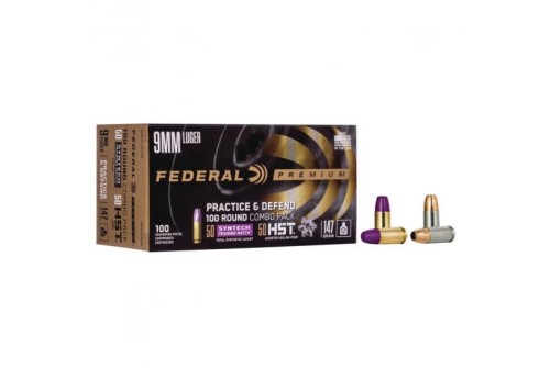 Federal Premium Practice & Defend 9mm Luger 147 Grain HST JHP/Syntech TSJ Centerfire Pistol Ammunition, 100 Rounds, P9HST2TM100