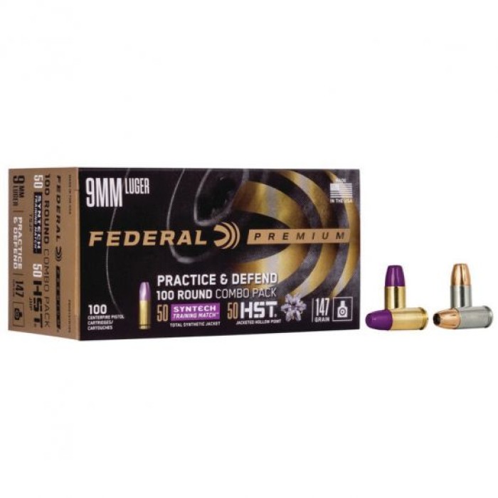 Federal Premium Practice & Defend 9mm Luger 147 Grain HST JHP/Syntech TSJ Centerfire Pistol Ammunition, 100 Rounds, P9HST2TM100