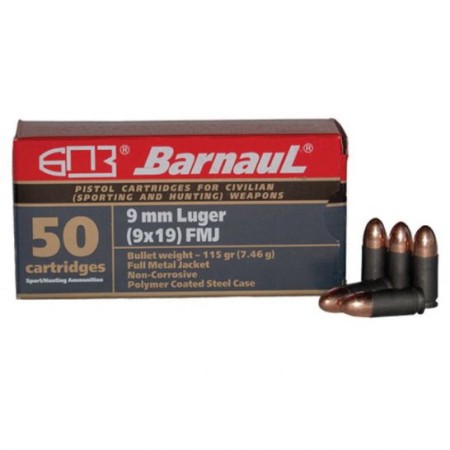 BARNAUL Ammunition Steel Polycoated Case 9mm 115gr FMJ 50rd - BRN9MMLUGERFMJ