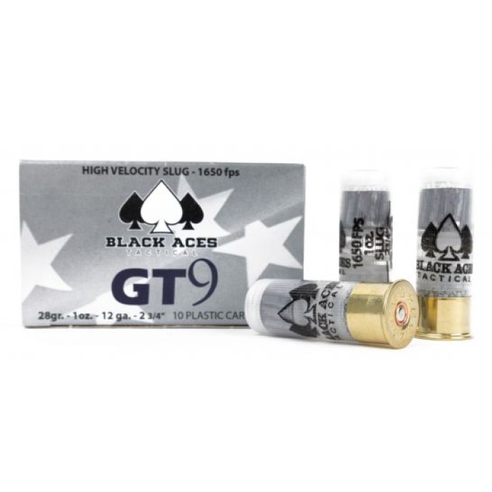 Black Aces Tactical GT9 12 Gauge, 1 oz High Velocity Slug, 2 3/4in, 1650 ft/s, Zink Coated Steel, Centerfire Shotgun Slug Ammo, 10 Rounds, BATGT9SLUG