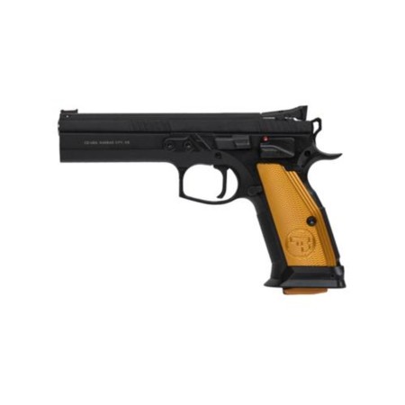 CZ 75 Tactical Sport Orange 9mm, 5.23" Barrel, Steel Frame, Black, Thin Alum Grips, Ambi Safety, Adj Target Sights, 2x20rd Mags