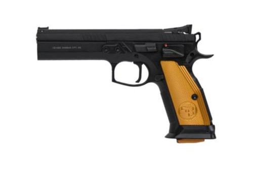 CZ 75 Tactical Sport Orange 9mm, 5.23" Barrel, Steel Frame, Black, Thin Alum Grips, Ambi Safety, Adj Target Sights, 2x20rd Mags